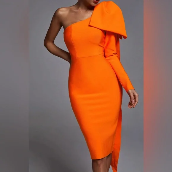 Long Bow Topped Draped Cap Sleeve Orange One Shoulder Bandage Dress - Picture 5 of 6